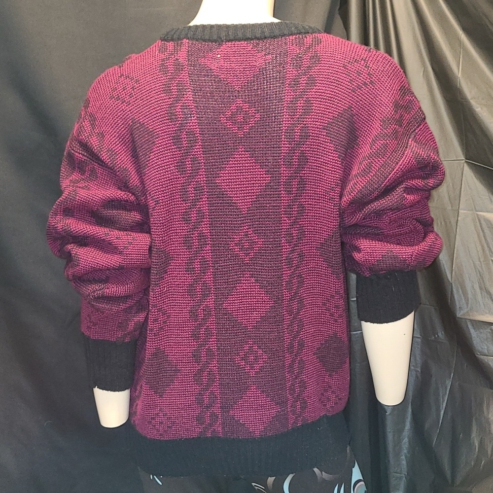 Vintage NORDIC Geometric Patterned Sweater - Black and Purple  Leather Accents - Picture 12 of 12